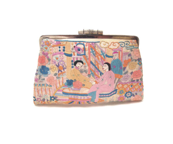 vintage embroidered Asian figures clutch purse