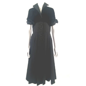 Vintage button front black velvet trim dress