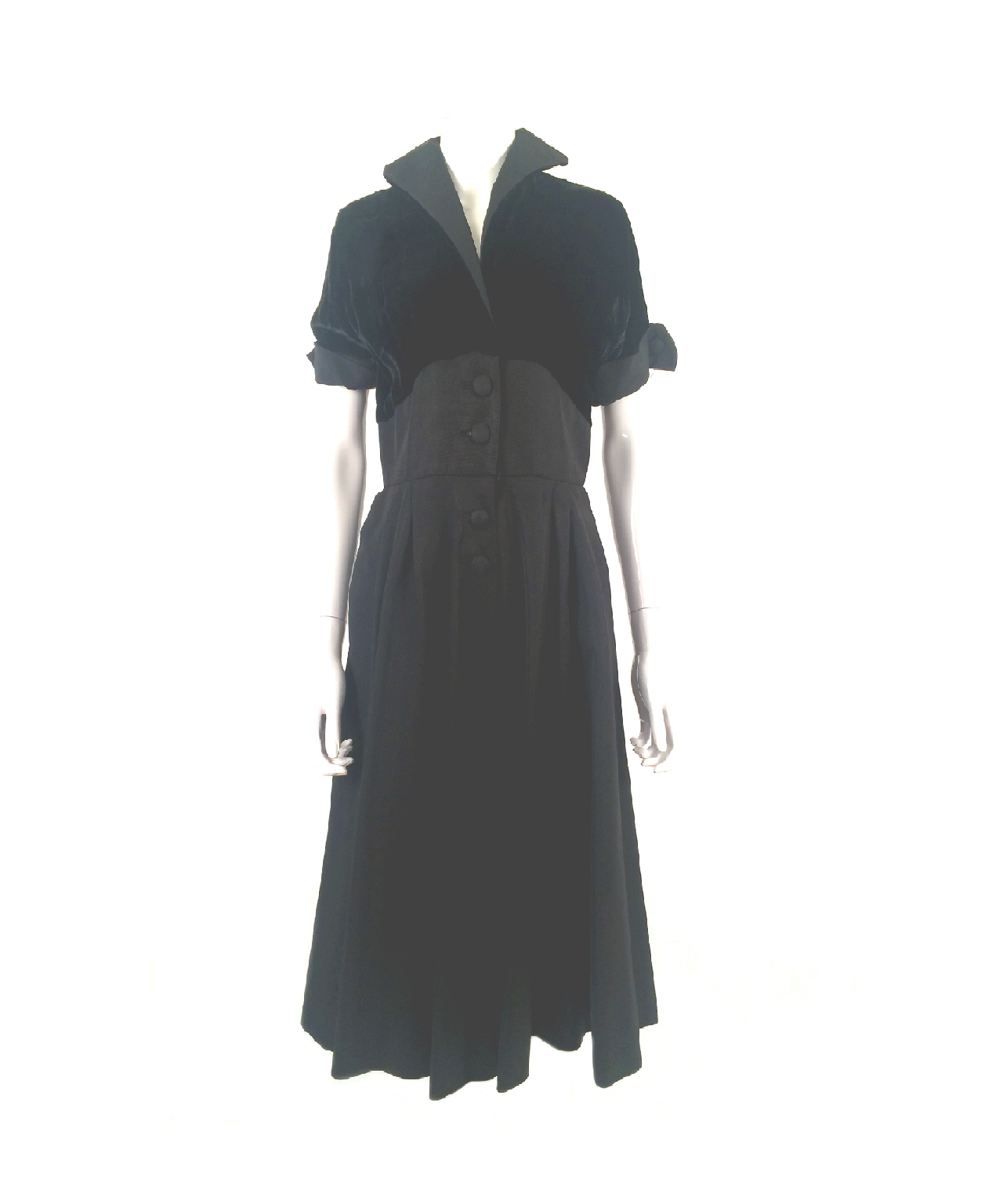 Vintage Black Velvet Dress Flair Skirt Button Front and Sleeves ...