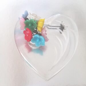 Lucite etched heart dangling flowers vintage brooch
