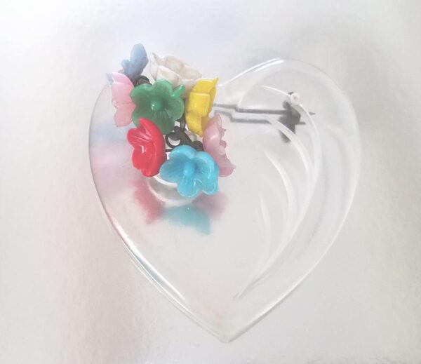 Lucite etched heart dangling flowers vintage brooch