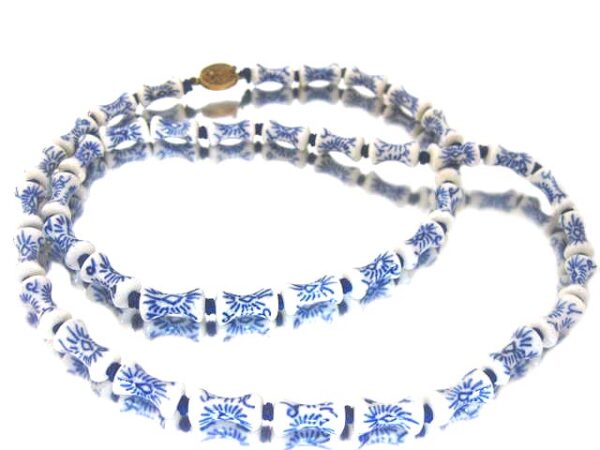 blue white porcelain drum bead necklace