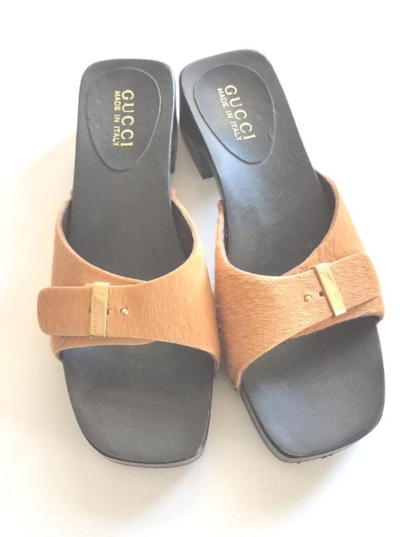 Gucci pony hair tan bare back shoes