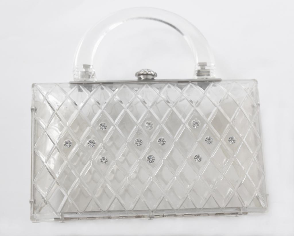 vintage clear Lucite diamond carved rhinestone clutch handle purse 01
