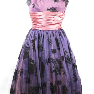 50s lavender organza burnout velvet black flowers party dress