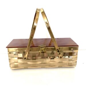 vintage 50s gold basket weave tortois lid plastic purse