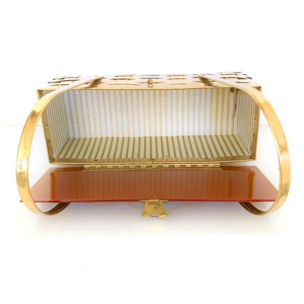 vintage 50s gold basket weave tortois lid plastic purse