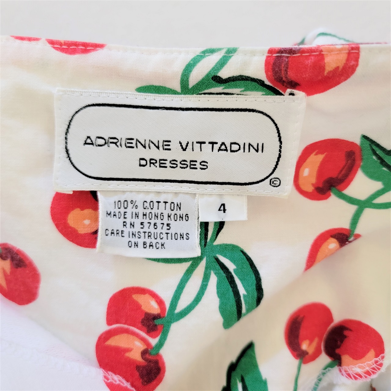 Adrienne Vittadini White Cherry Print 80's Vintage Dress Size 4