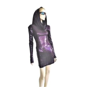 capretta purple sequin hooded cowl neck mini dress