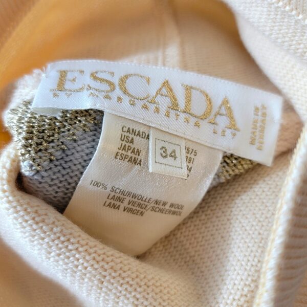 escada by margaretha ley pink blue cream and gold diamond pattern pullover sweater