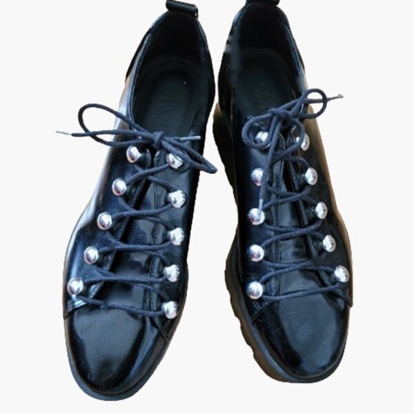 zara trafaluc black patent leather platform string up front shoes
