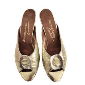 vintage jacques levine couture gold metallic leather bare back slippers shoes
